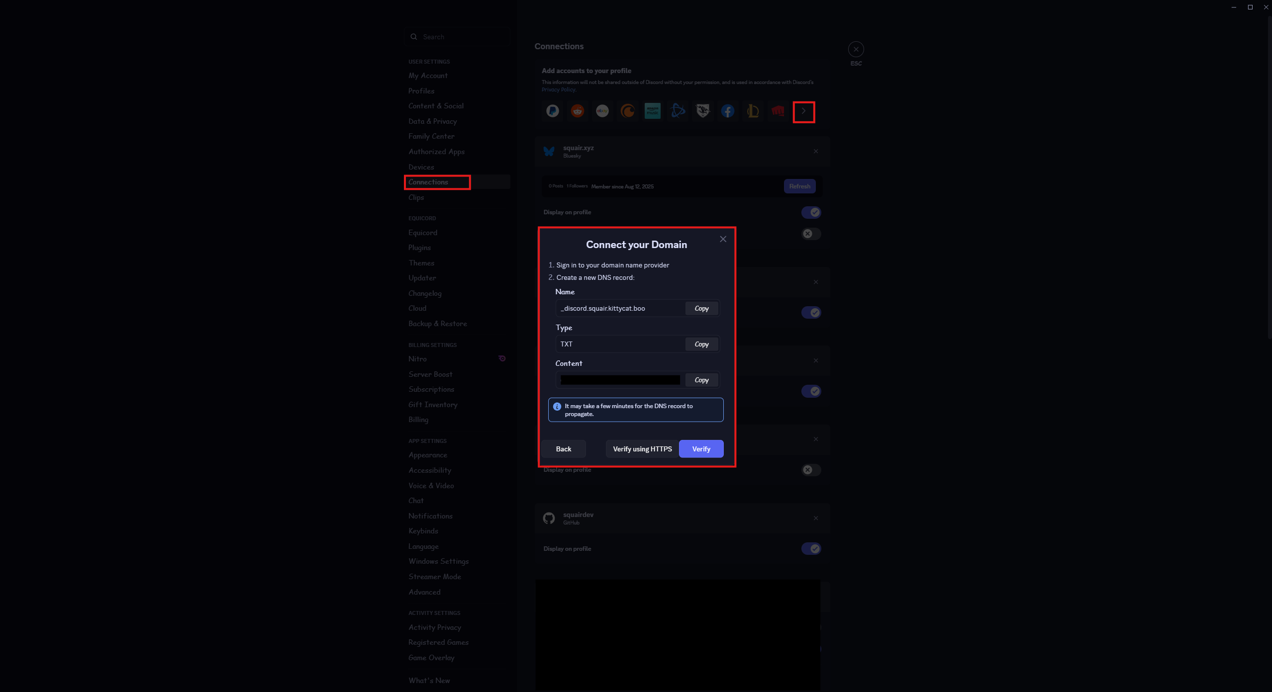 Discord Connections Custom Domain Settings